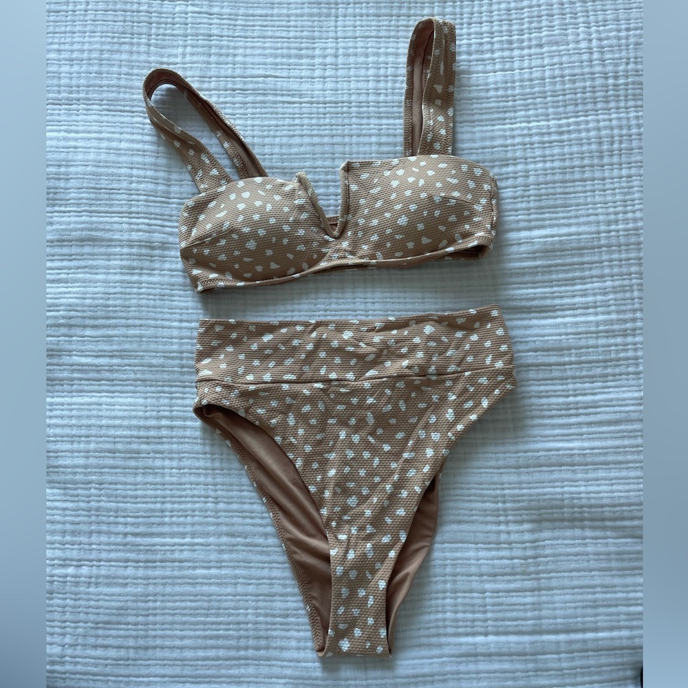 Aerie Pique Bandeau Bikini Top & High Cut Cheeky Bottom Size Small